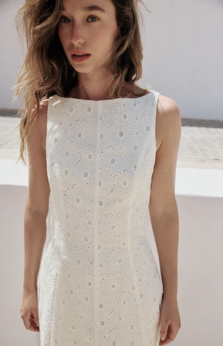 پیراهن میدی زنانه با یقه قایقی و گلدوزی ظریف برند ZARA ORIGINAL زارا اورجینال NEW 2026 انگلستان