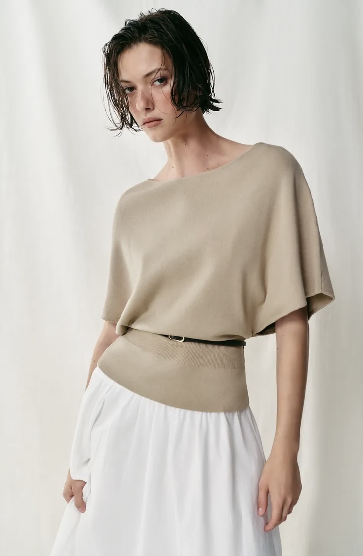  تاپ یقه قایقی آستین پهن با کمربند ظریف برند ZARA ORIGINAL زارا اورجینال NEW 2026 انگلستان 