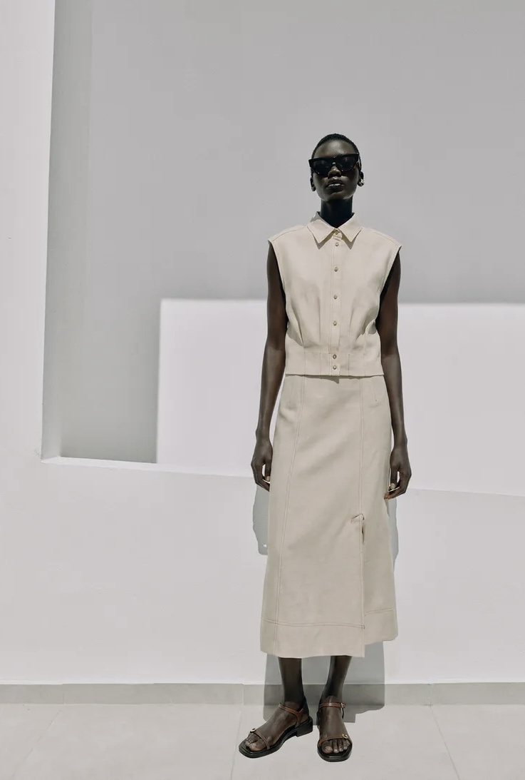 دامن میدی کتان با جزئیات دوخت برند ZARA ORIGINAL اورجینال NEW 2026 